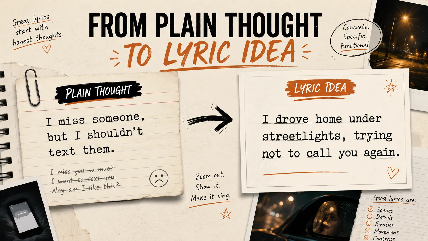 A beginner lyric writing graphic showing a plain thought being turned into a more specific lyric idea.