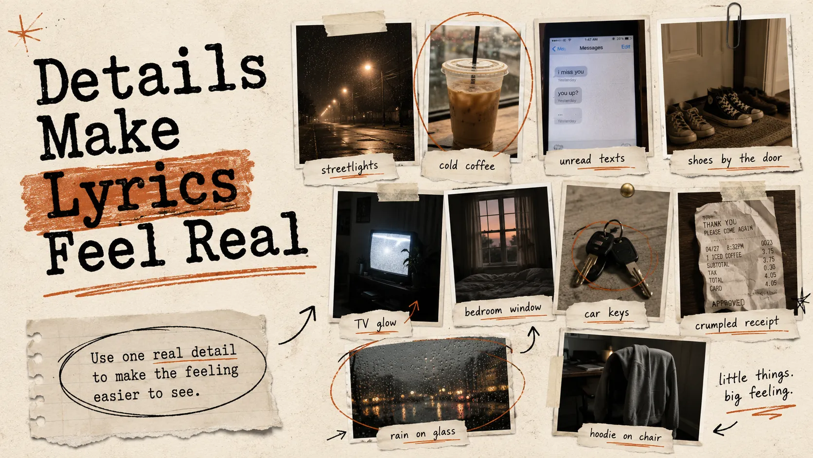 A visual detail bank showing everyday objects and scenes that can help make song lyrics feel more real.
