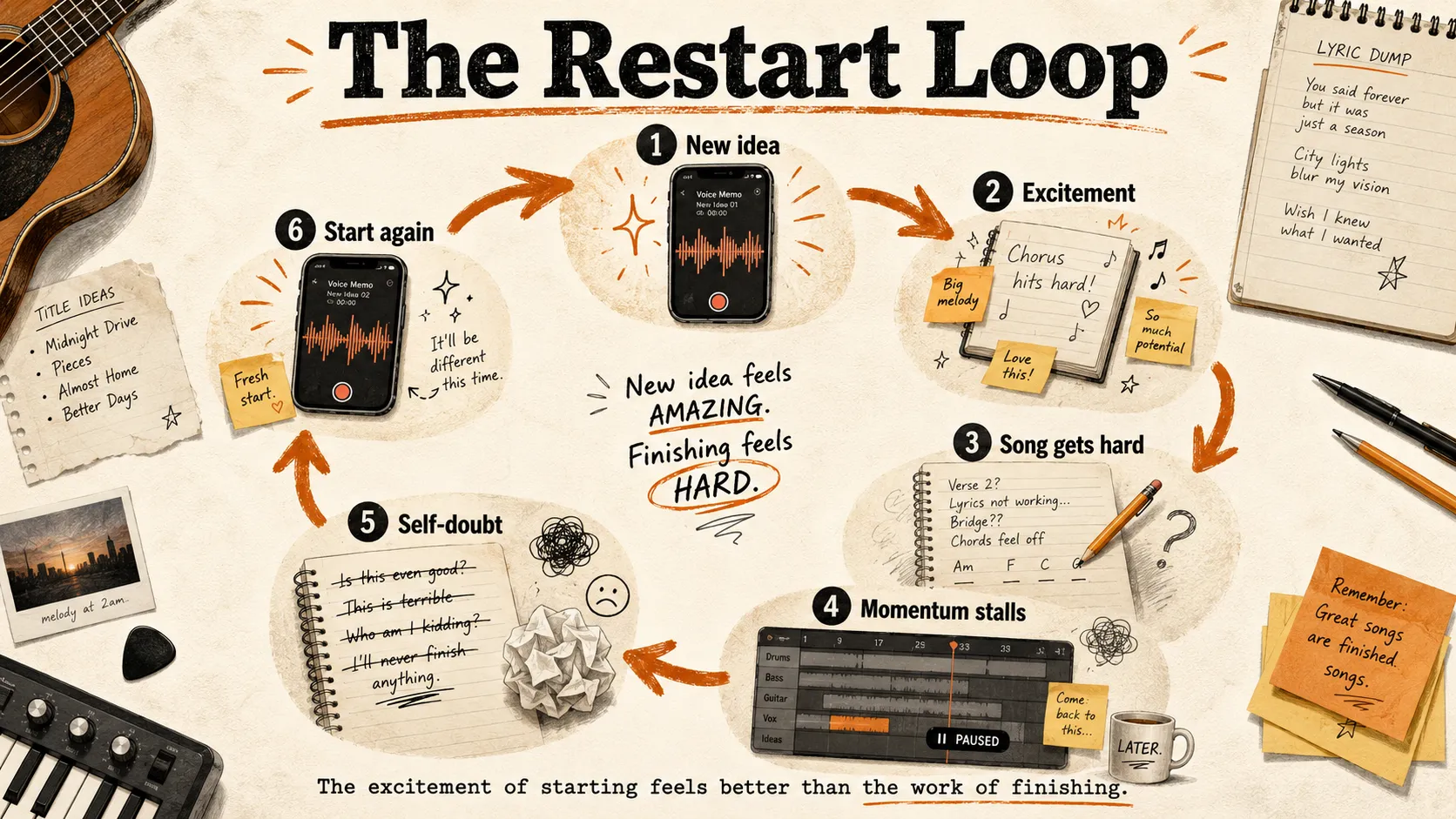 The restart loop: new idea brings excitement, song gets hard, self-doubt arrives, new idea brings excitement again — an endless cycle that keeps songwriters from finishing anything