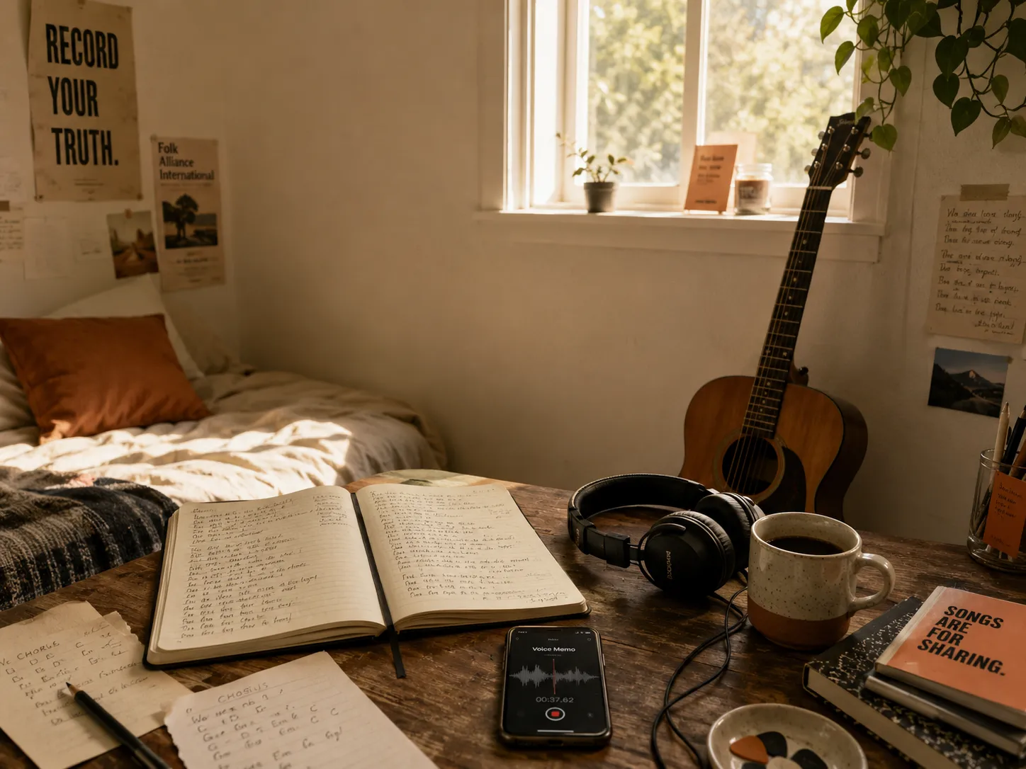 A bedroom songwriting setup — guitar, notebook, and recording gear on a desk.
