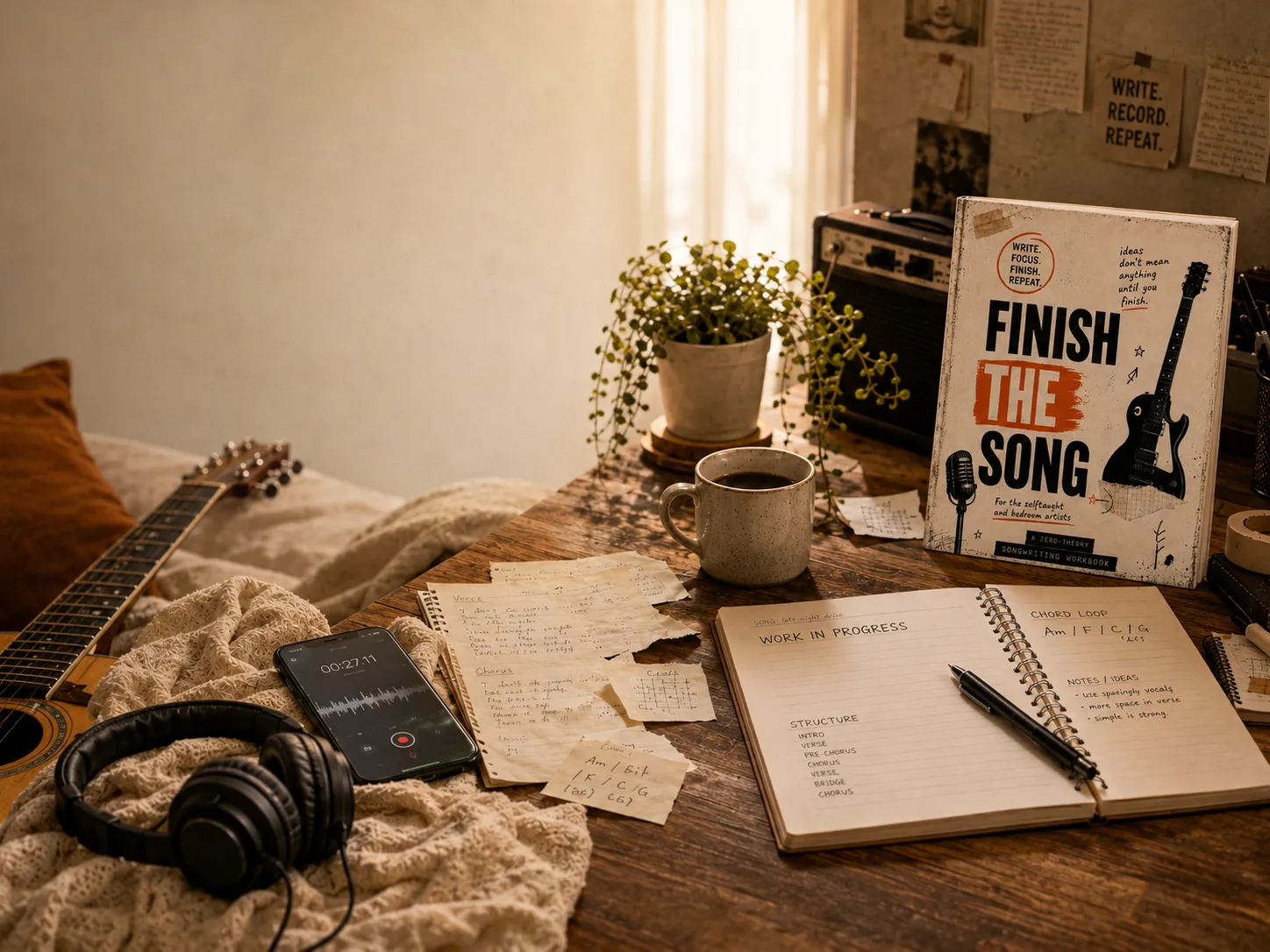 A bedroom songwriting setup: the Finish the Song workbook on a wooden desk beside an acoustic guitar, headphones, a phone recording a voice memo, handwritten lyric notes, and a notebook open to a work-in-progress song.